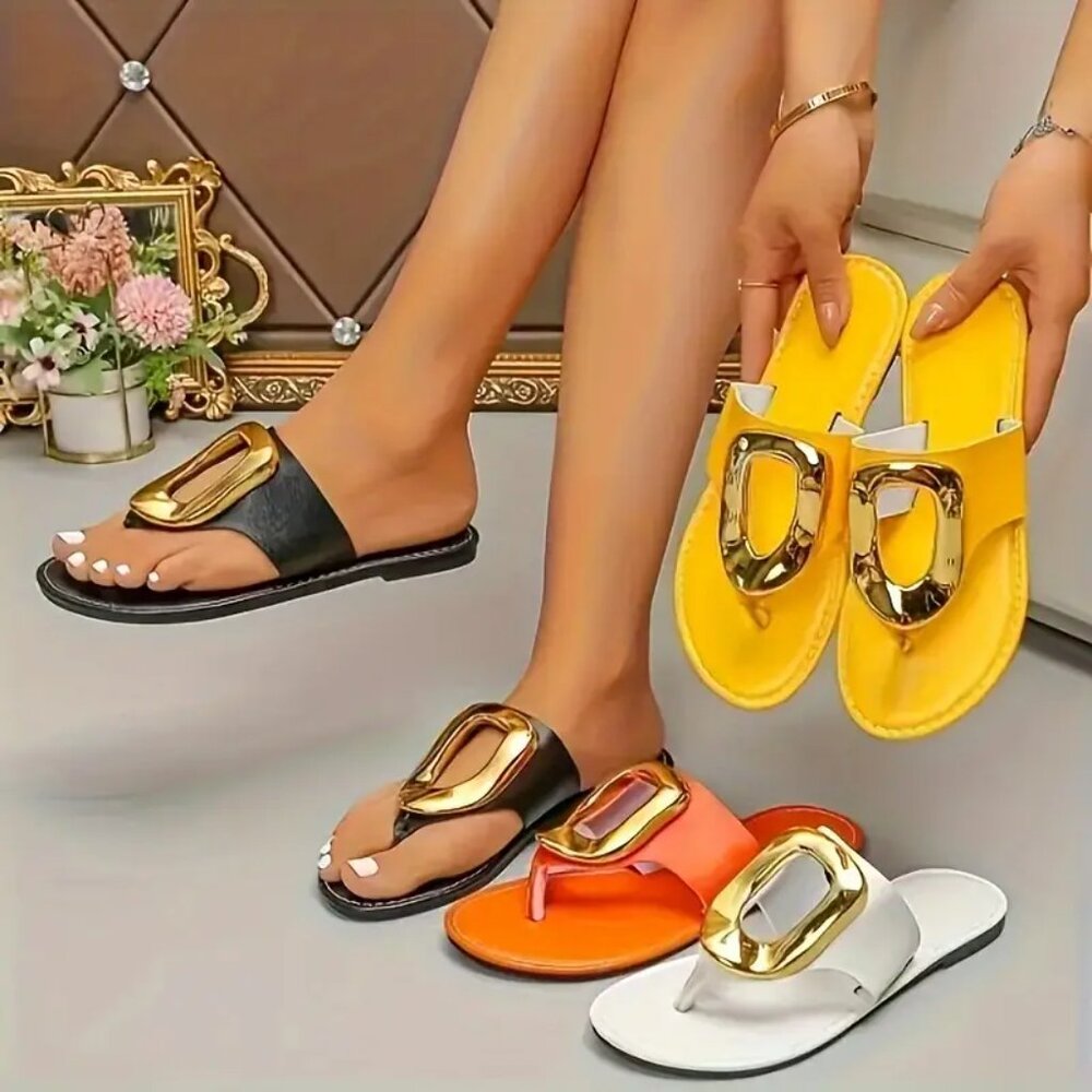 Metallic Buckle Slide Sandals – Lightweight Summer Clip Toe Flats